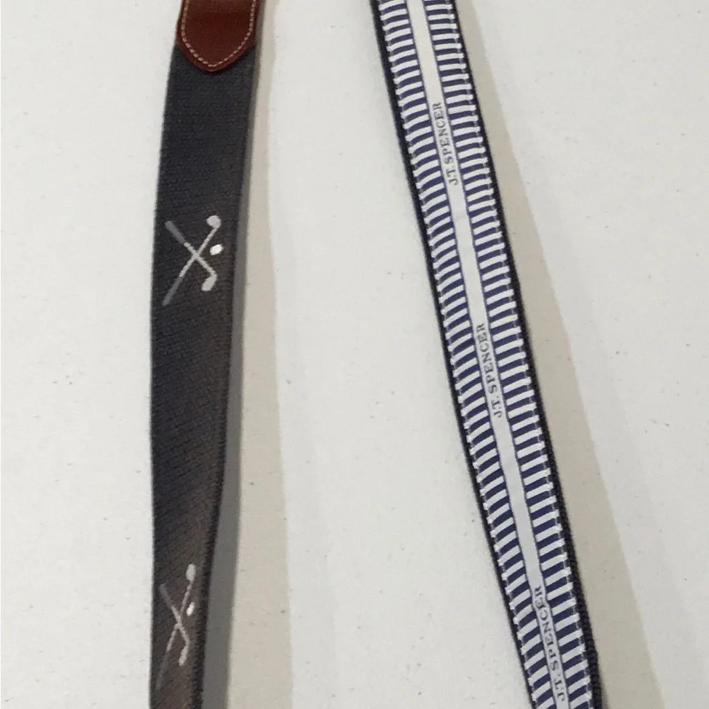 Men's Grey Woven Belt  with Golf Clubs and has Brown Leather Trim